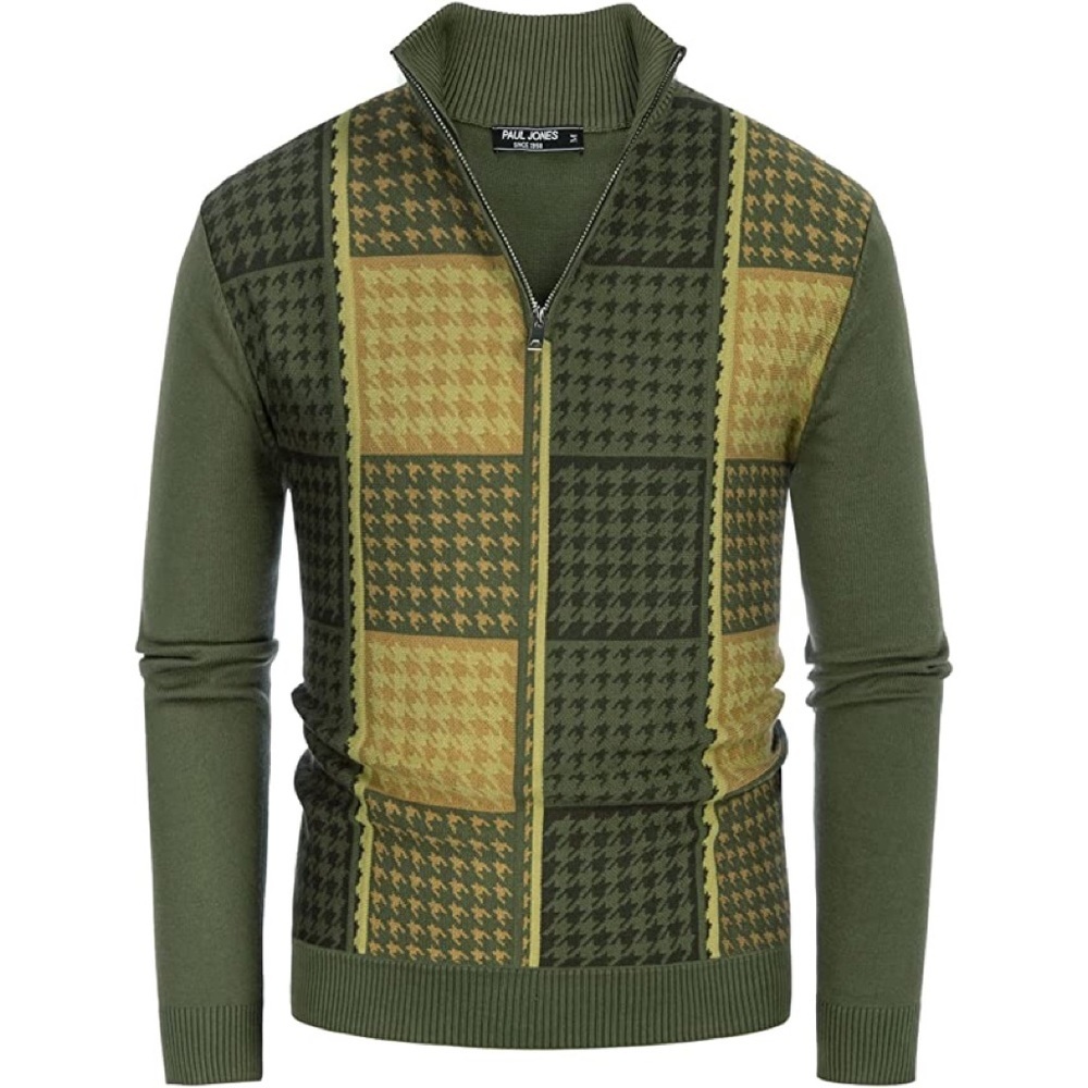 New Mens Pied-de-poule Quarter Zipper Sweater Multiple Sizes